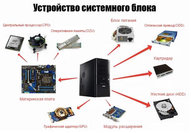 Какие детали нужны. Схема основных компонентов системного блока. Сборка системного блока из комплектующих схема. Компоненты системного блока и их характеристики. Основные устройства системного блока схема.